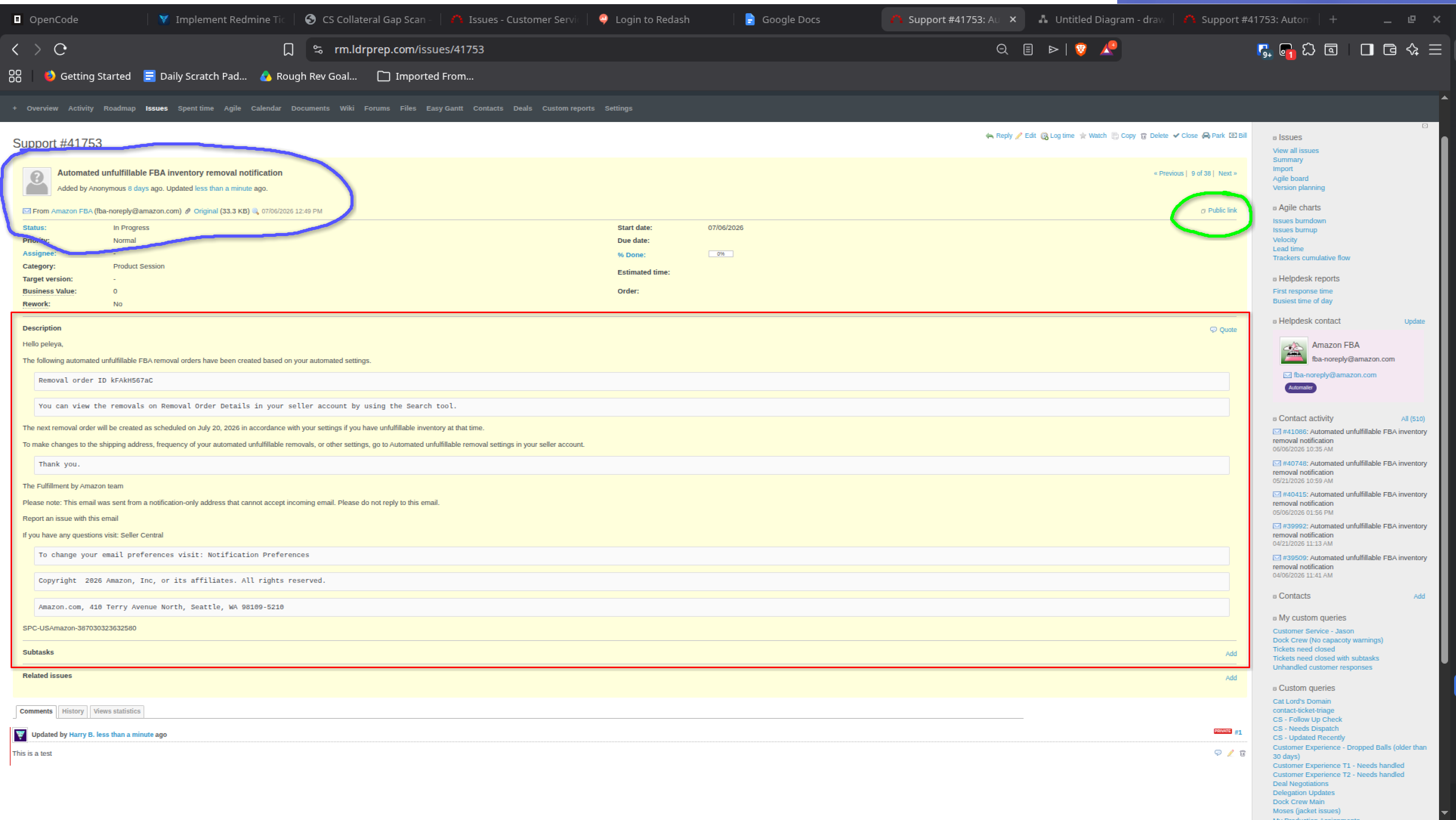 rendered helpdesk ticket 41753 with circled areas for annotation